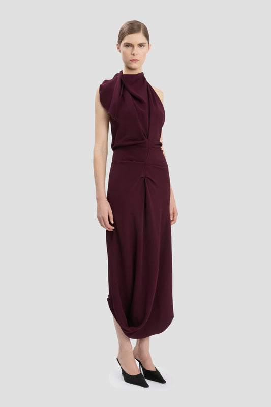 Backless Scarf Detail Midi Dress In Merlot