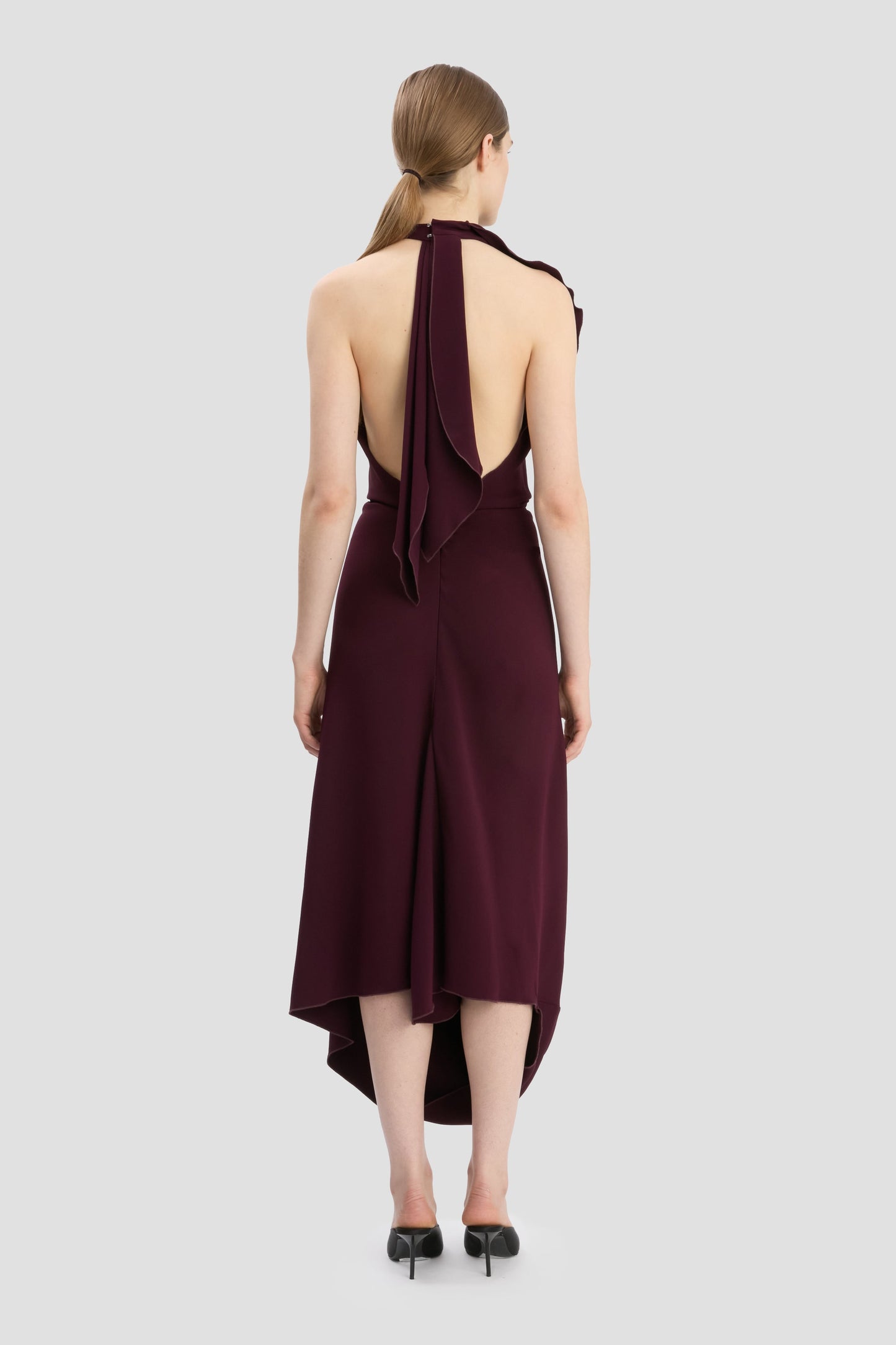 Backless Scarf Detail Midi Dress In Merlot