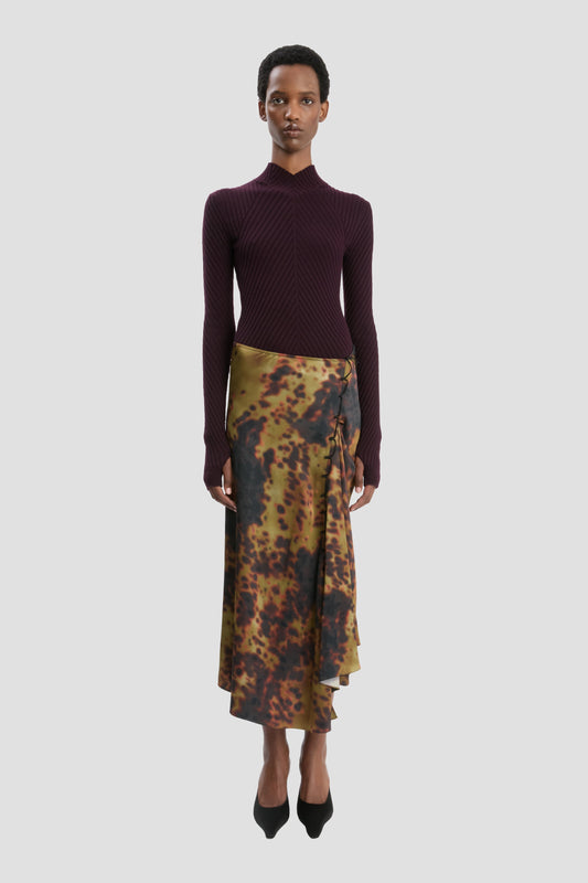Rouleau Detail Midi Skirt In Olive Brown Print