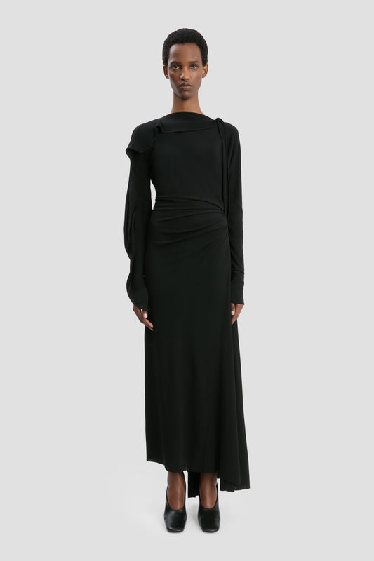 Long Sleeve Draped Jersey Midi Dress In Black
