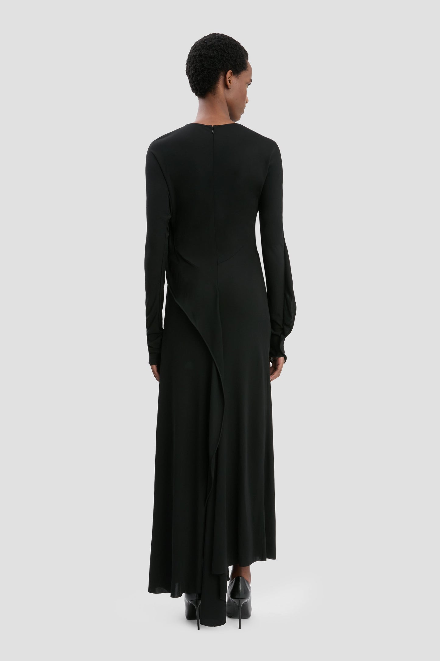 Long Sleeve Draped Jersey Midi Dress In Black