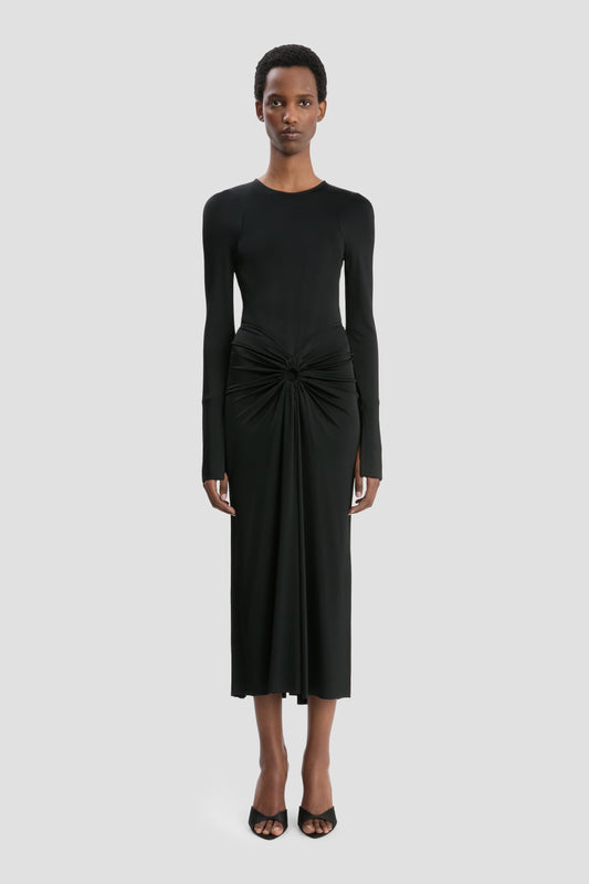 Long Sleeve Gathered Midi Dress In Black