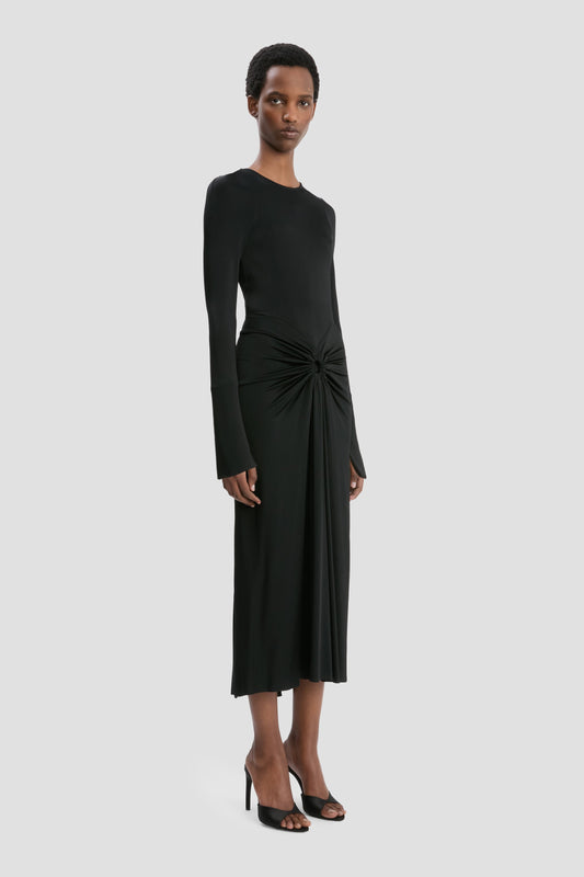 Long Sleeve Gathered Midi Dress In Black