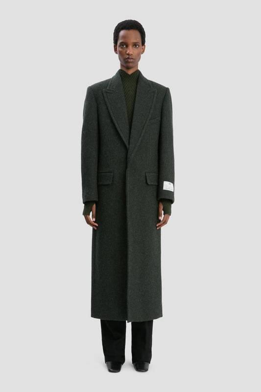Curved Sleeve Overcoat In Dark Olive Melange