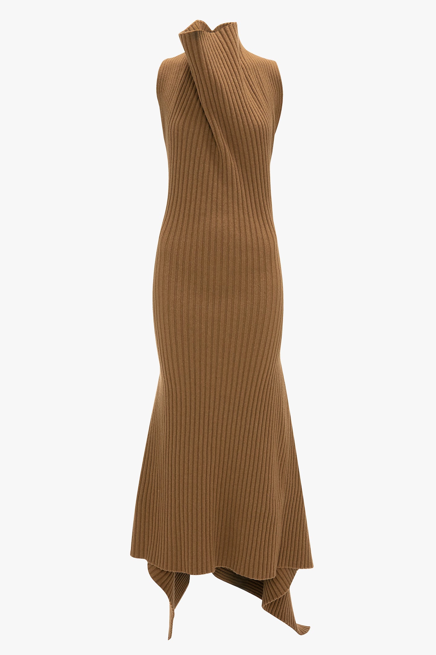 Draped Sleeveless Rib Midi Dress In Dark Camel