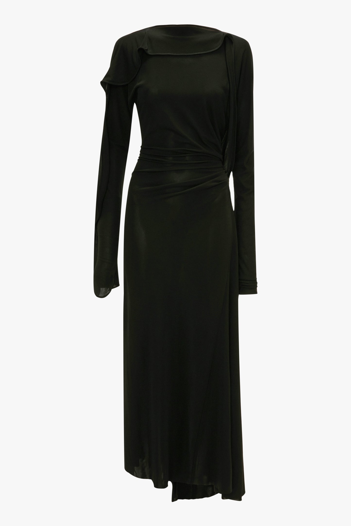Long Sleeve Draped Jersey Midi Dress In Black