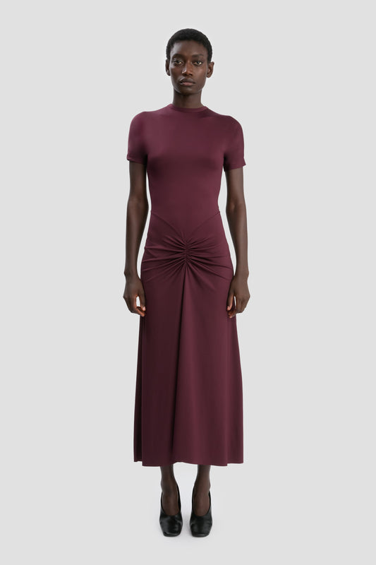 Gathered Waist T-Shirt Midi Dress In Merlot