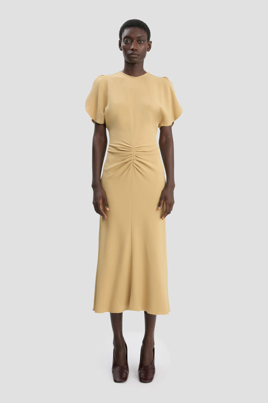 Gathered Waist Midi Dress In Honey
