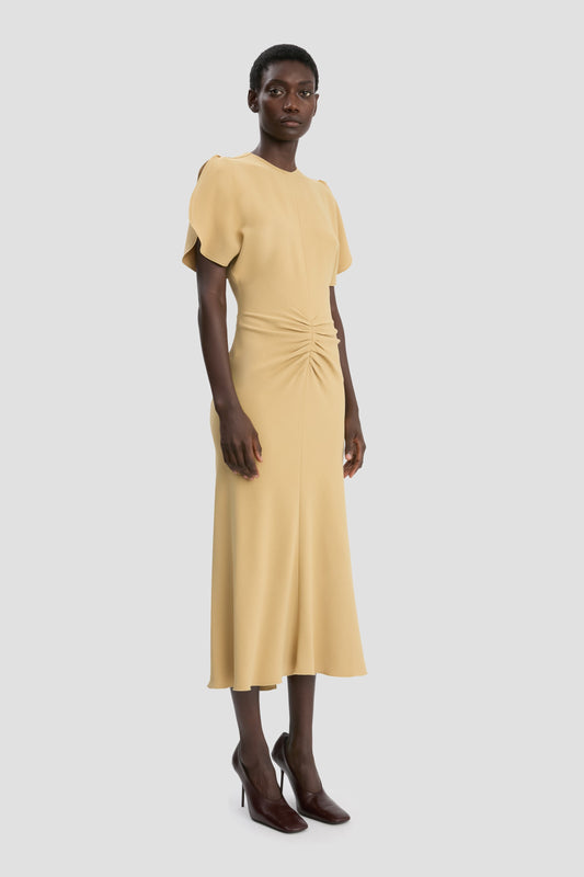 Gathered Waist Midi Dress In Honey