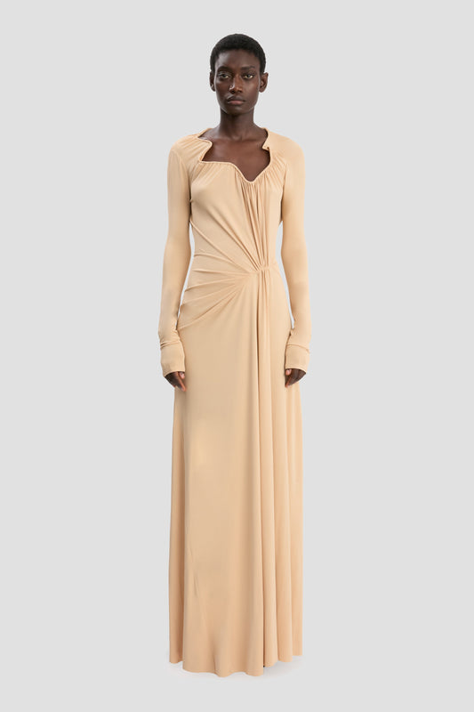 Asymmetric Structured Neckline Gown In Dune Beige