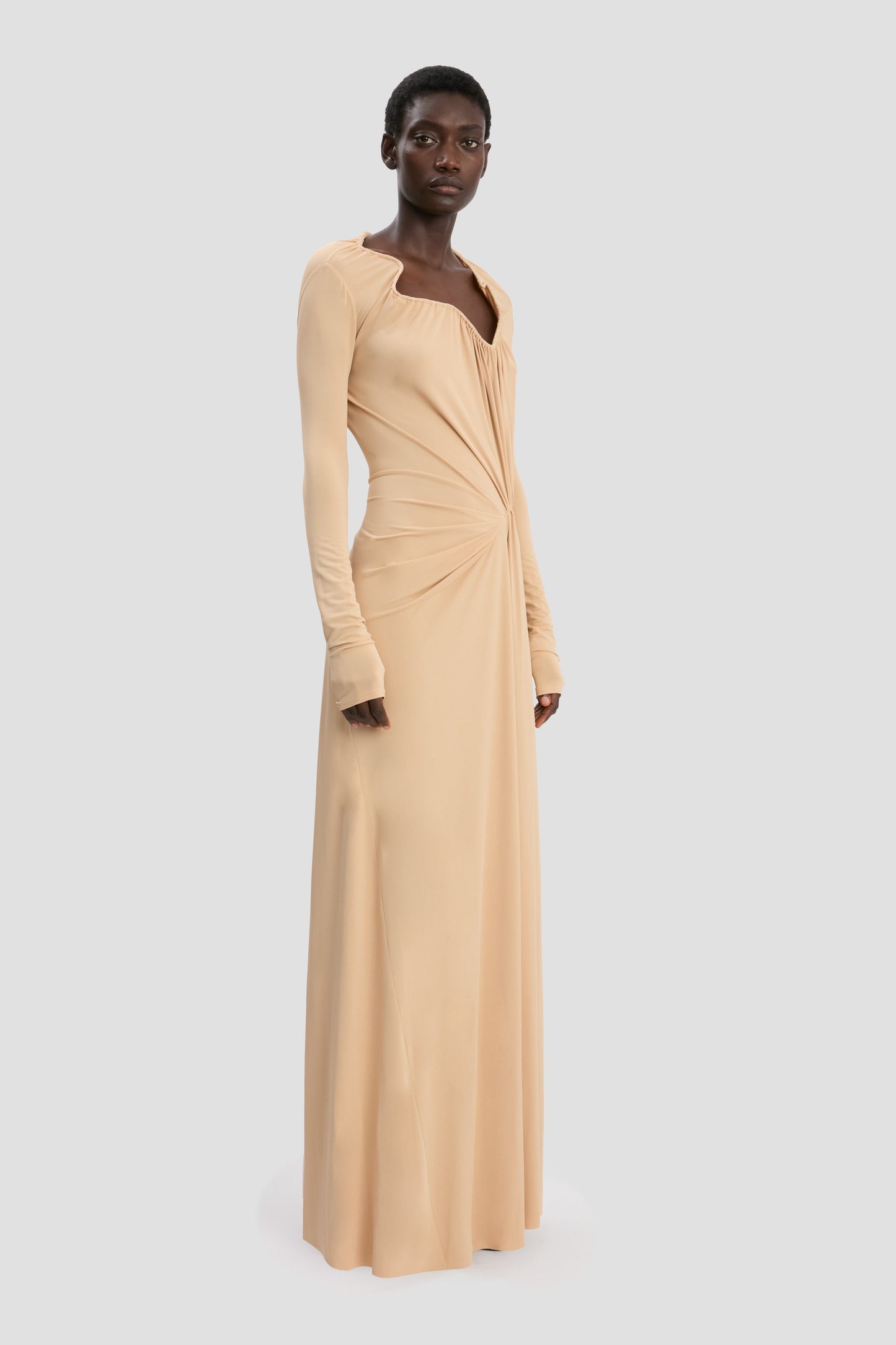 Asymmetric Structured Neckline Gown In Dune Beige