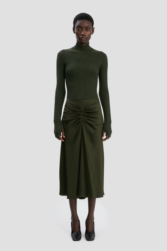 Gathered Waist Midi Skirt In Dark Olive