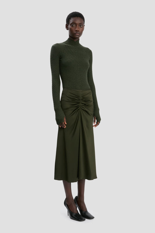 Gathered Waist Midi Skirt In Dark Olive