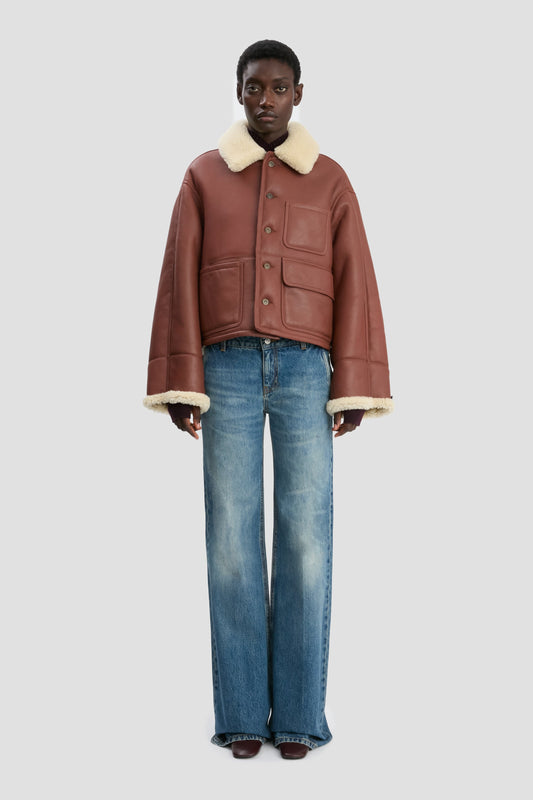 Cropped Shearling Jacket In Brown-Cream