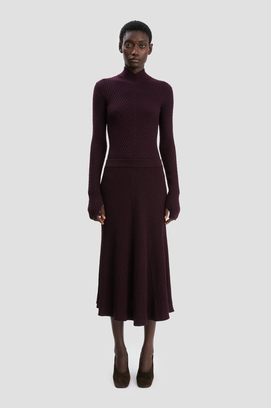 Ribbed Knit Midi Skirt In Merlot