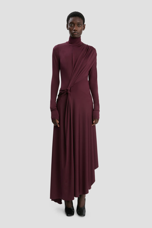 Twist Detail High Neck Midi Dress In Merlot