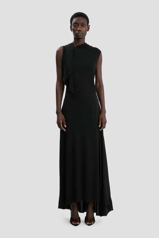 Sleeveless Draped Panel Dress In Black