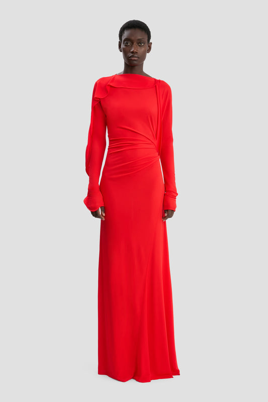 Long Sleeve Draped Jersey Gown In Cayenne