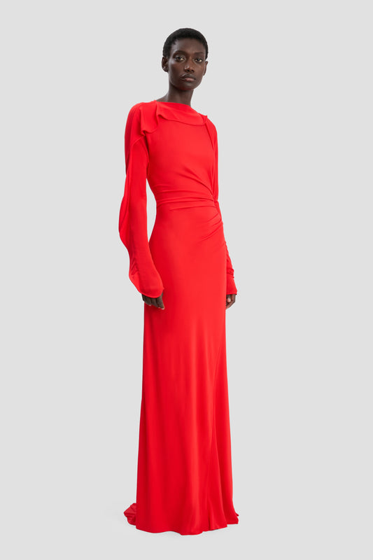 Long Sleeve Draped Jersey Gown In Cayenne