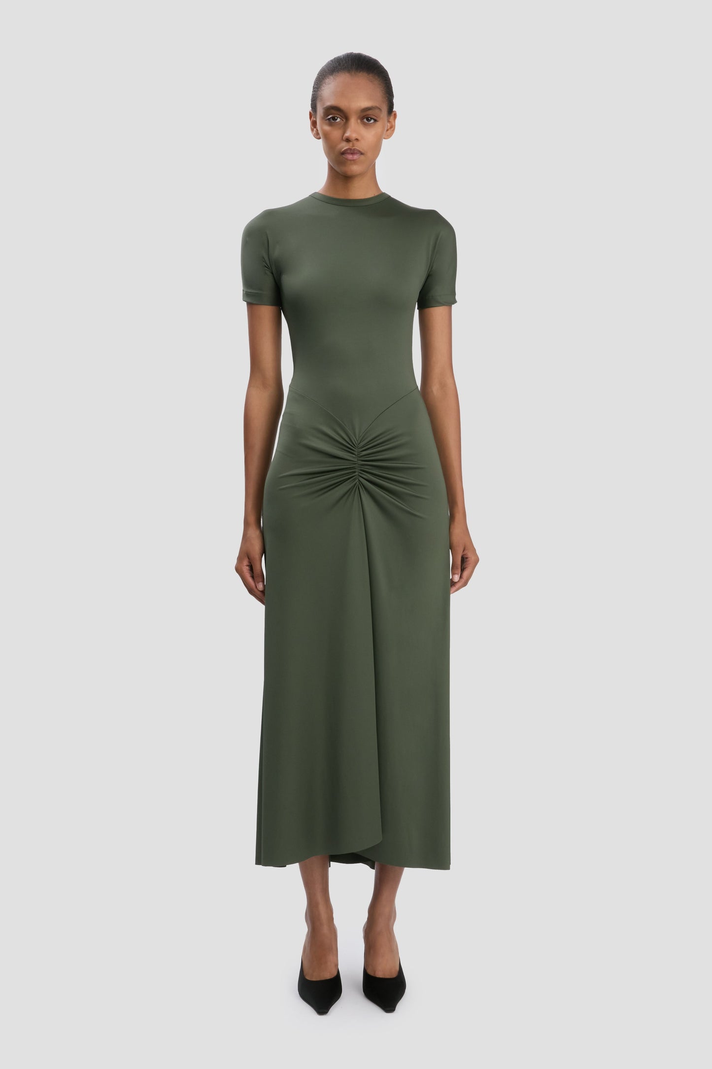 Gathered Waist T-Shirt Midi Dress In Oregano
