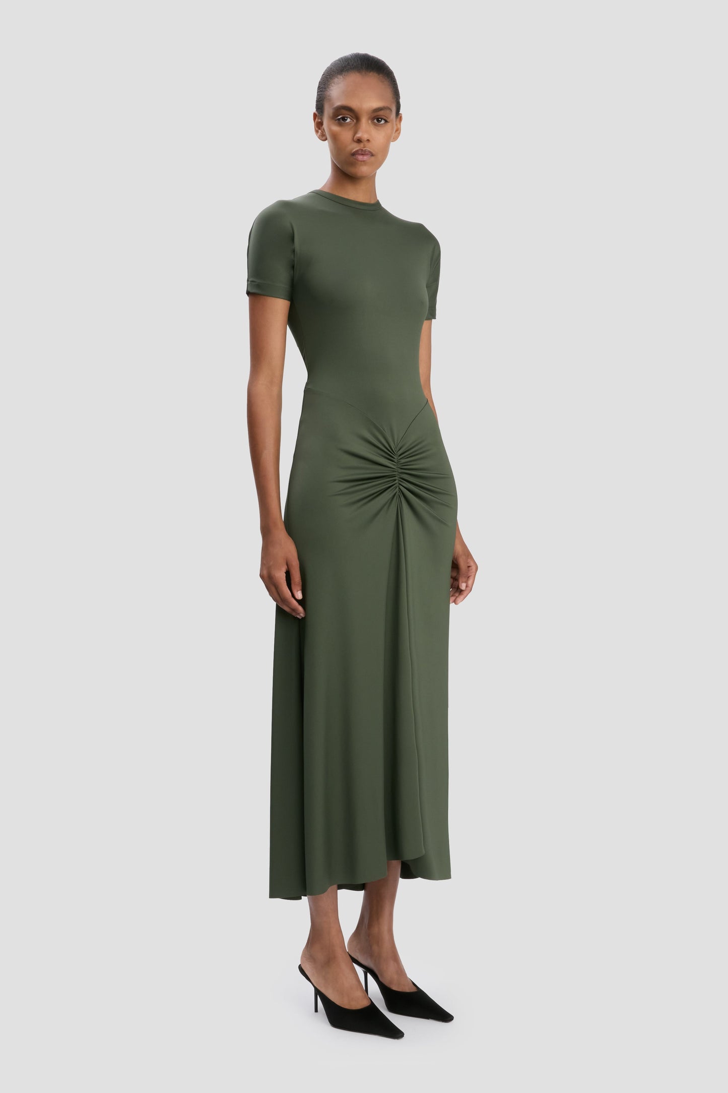 Gathered Waist T-Shirt Midi Dress In Oregano