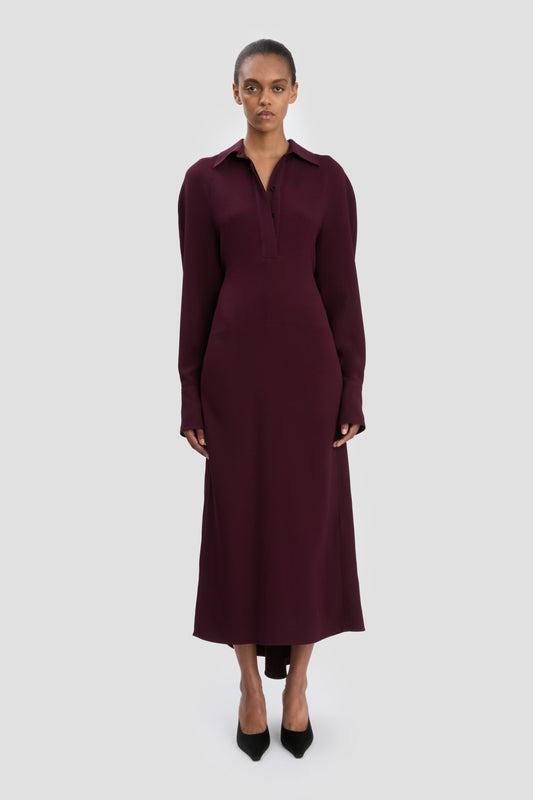 Long Sleeve Polo Collar Midi Dress In Merlot