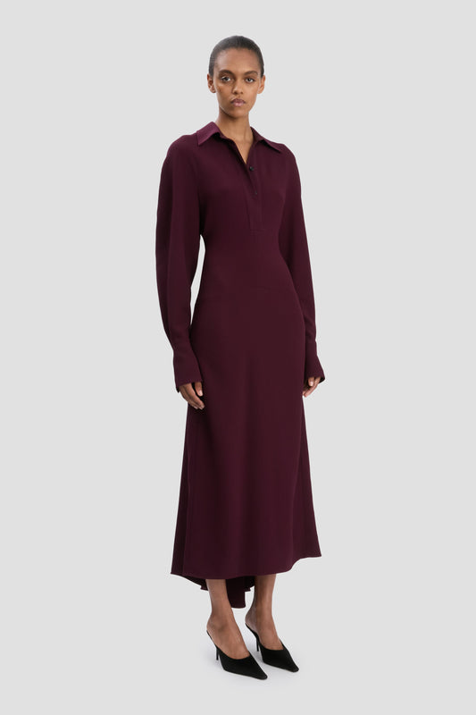 Long Sleeve Polo Collar Midi Dress In Merlot