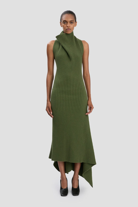 Draped Sleeveless Rib Midi Dress In Oregano