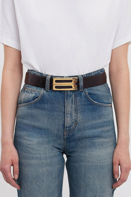Jumbo Dorian Belt In Dark Brown Croc Embossed Leather