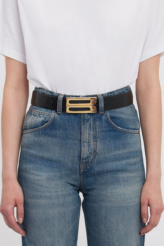 Jumbo Dorian Belt In Black Croc Embossed Calf Leather