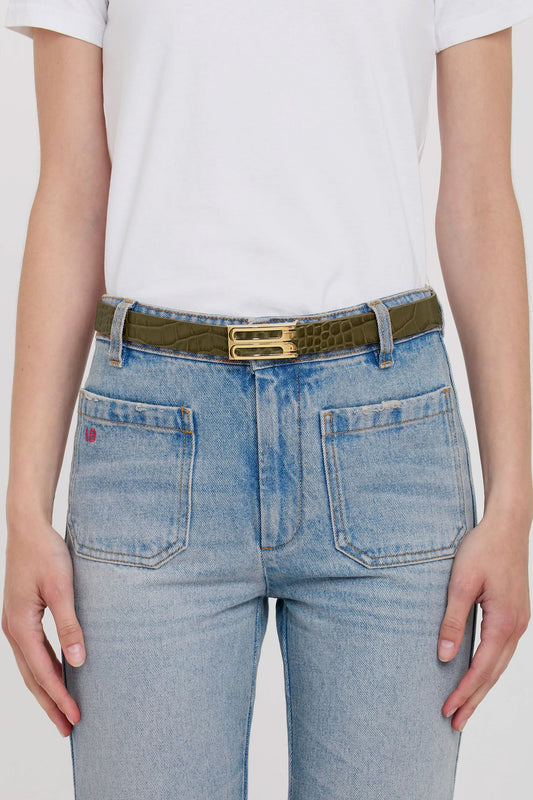 Dorian Belt In Khaki Croc Embossed Calf Leather