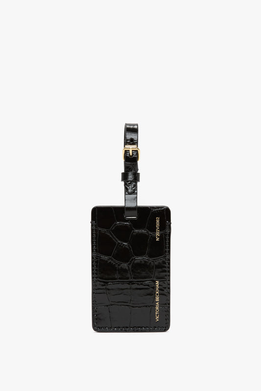 Luggage Tag In Black Croc Embossed Leather