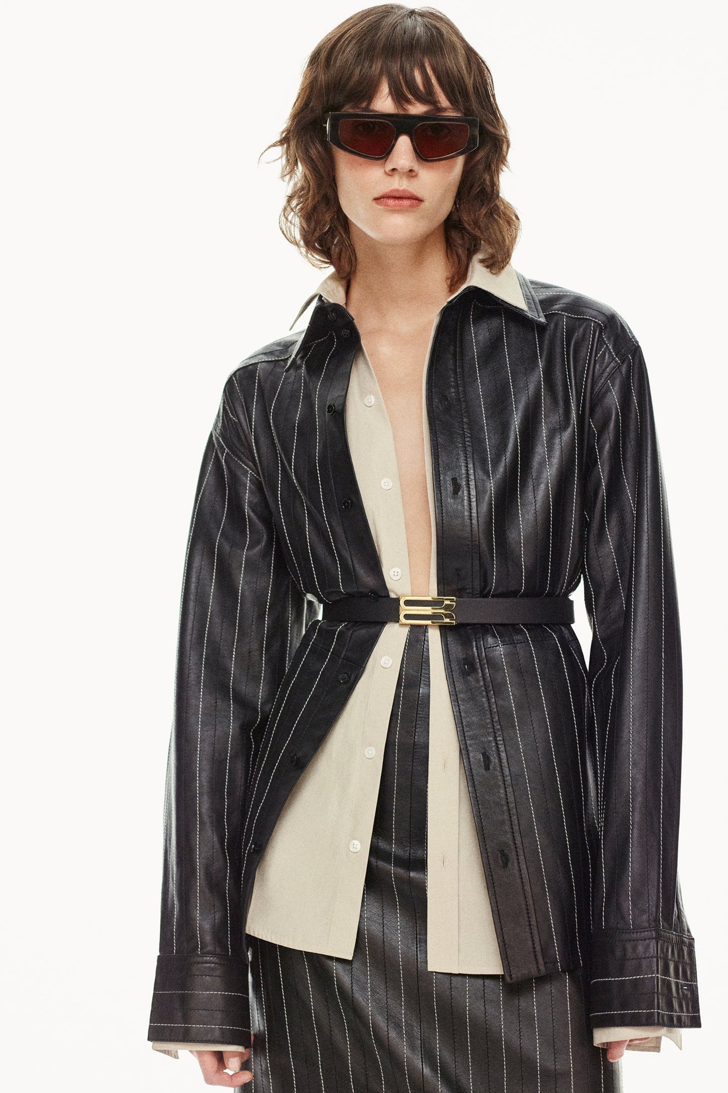 Tab Detail Leather Shirt In Black-Ivory