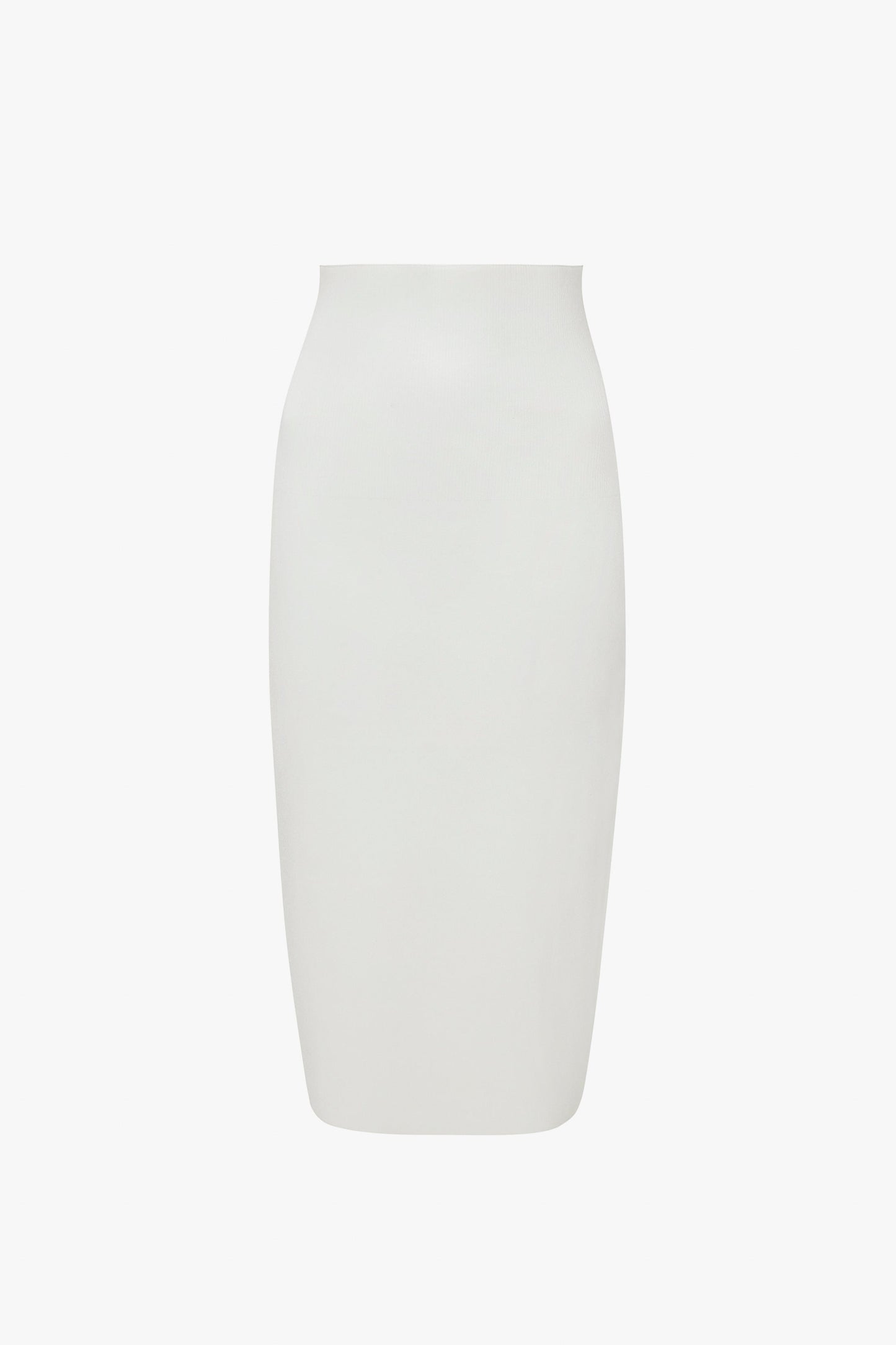 Victoria Beckham VB Body Fitted Midi Skirt In White, with a knee-length cut and a smooth, fitted texture. Perfect for your summer wardrobe, this chic piece brings effortless sophistication to any ensemble. The background of the image is plain white.