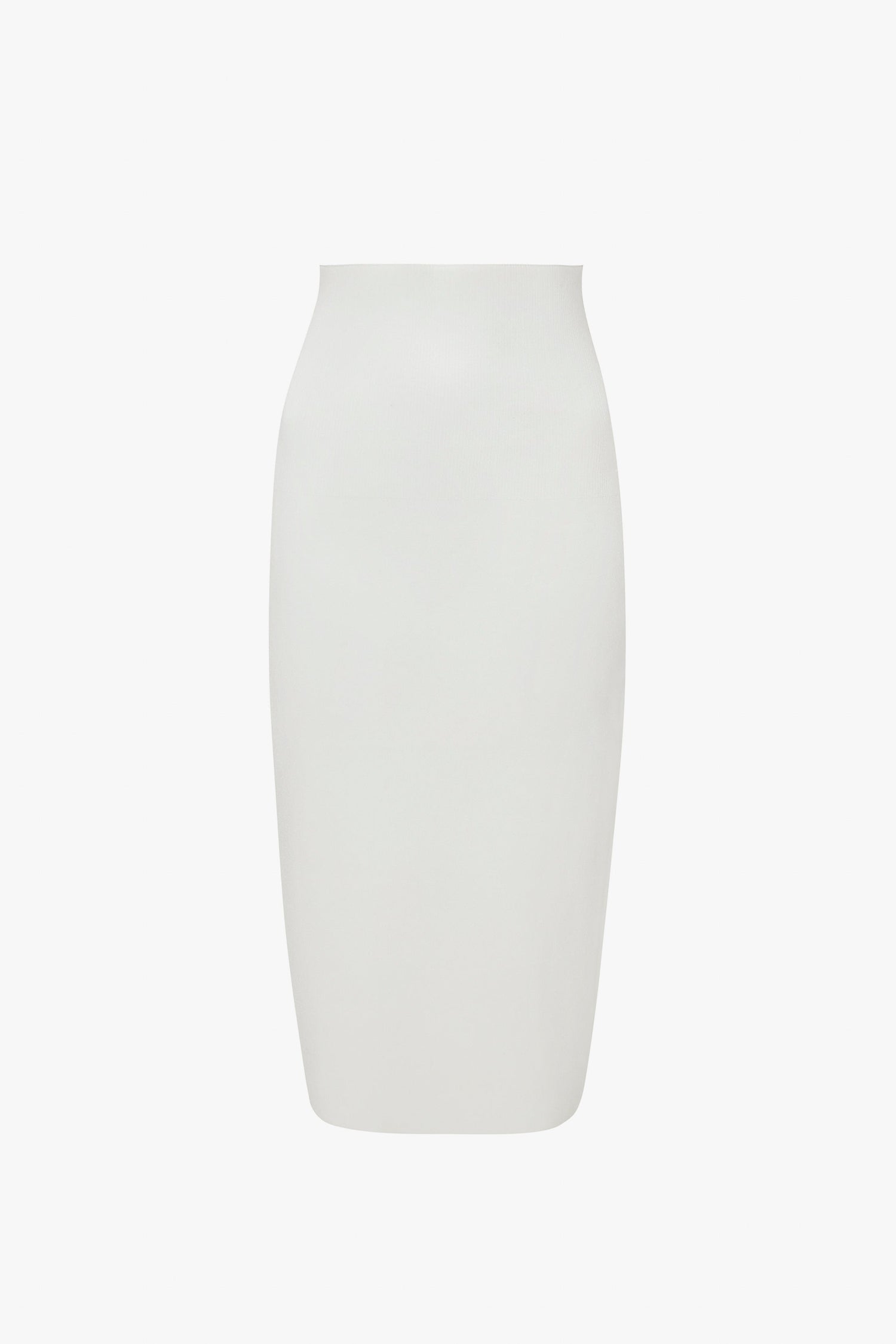 Victoria Beckham VB Body Fitted Midi Skirt In White, with a knee-length cut and a smooth, fitted texture. Perfect for your summer wardrobe, this chic piece brings effortless sophistication to any ensemble. The background of the image is plain white.
