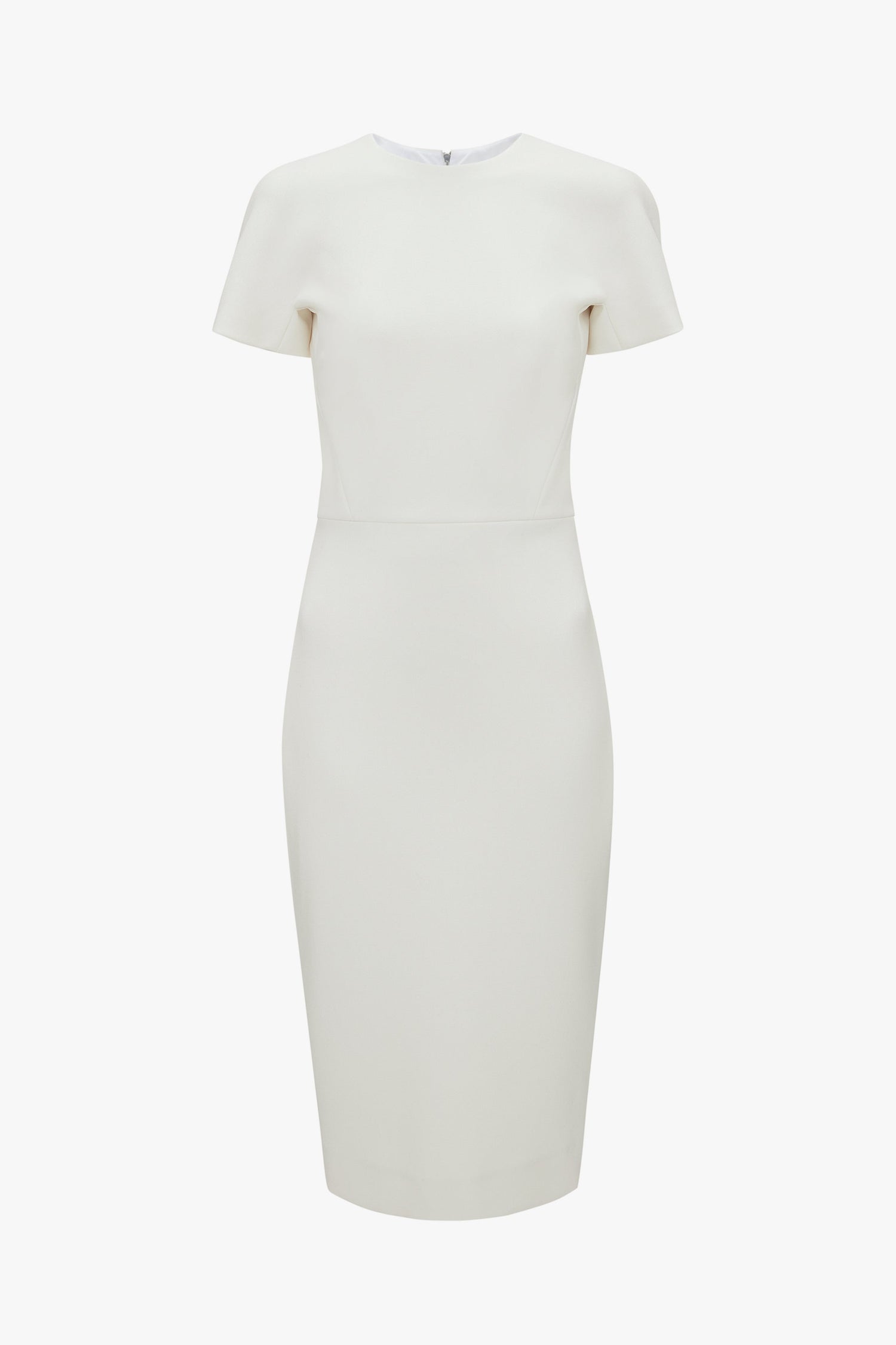 A Fitted T-shirt Dress In Ivory from Victoria Beckham with a high neckline and plain design offers a fitted silhouette. Pair it perfectly with Pointy Toe Stiletto Sandals for an elegant look.